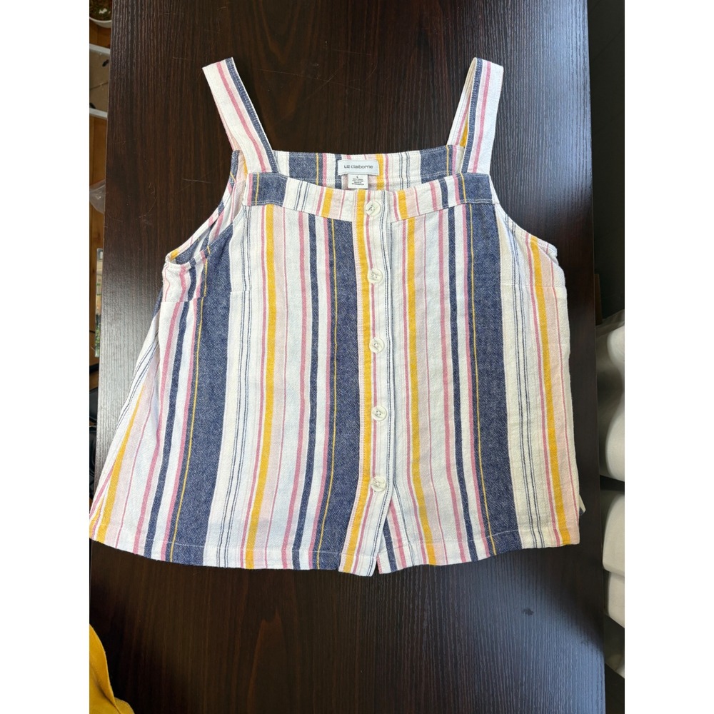 Liz Claiborne Linen Blend Striped Button Front Tank Top Women's Large Coastal